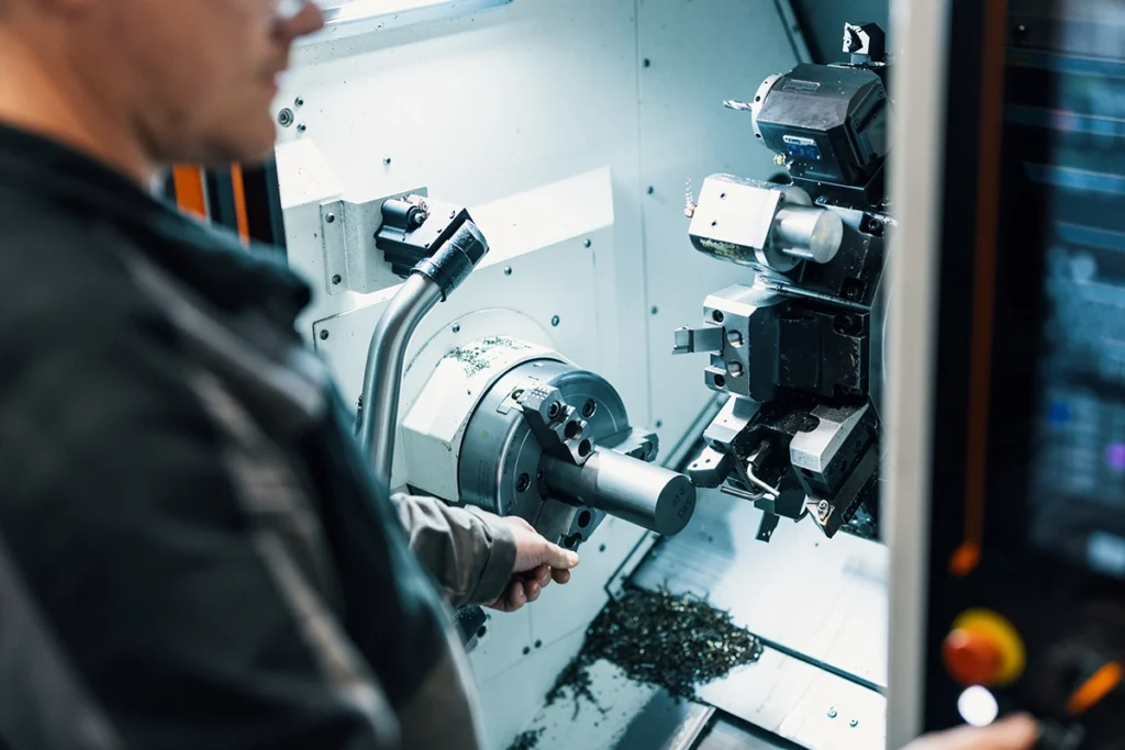 David Ahlskog arbetar vid CNC-svarven i Chips Metals verkstad.